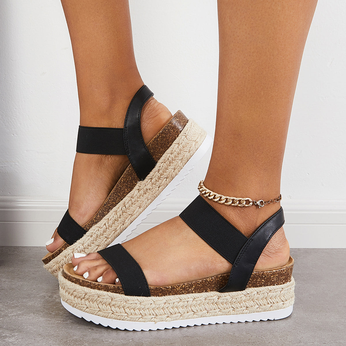 Open Toe Espadrille Platform Sandals Cork Elastic Strap Sandals