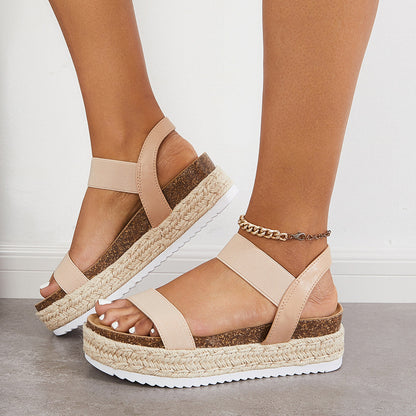 Open Toe Espadrille Platform Sandals Cork Elastic Strap Sandals