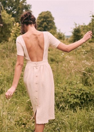Cotton linen backless short sleeve dress