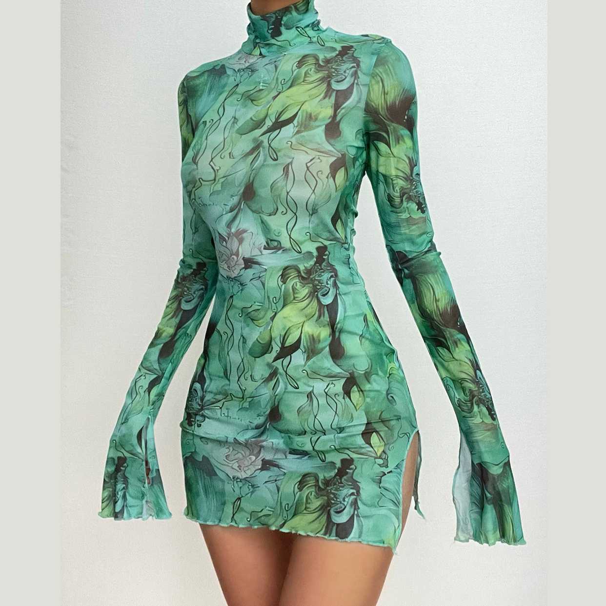 Sheer mesh see through print long sleeve mini dress