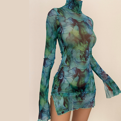 Sheer mesh see through print long sleeve mini dress