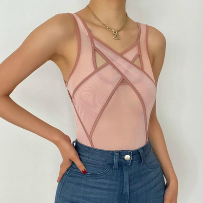 Hollow out patchwork mesh see through bodysuit
